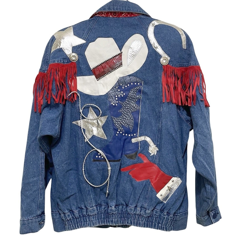 Vintage Opal Denim Leather Jacket Cowgirl‎ Rodeo Country Western USA 80s 90s S M